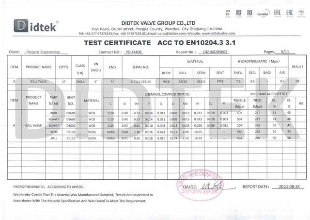 Certificado de prueba de v&aacute;lvula de bola ACC a EN10204.3 3